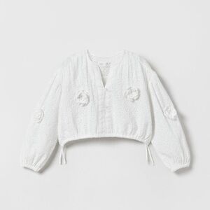 Zara NEW Kids Cream Eyelet Top with Floral Accents